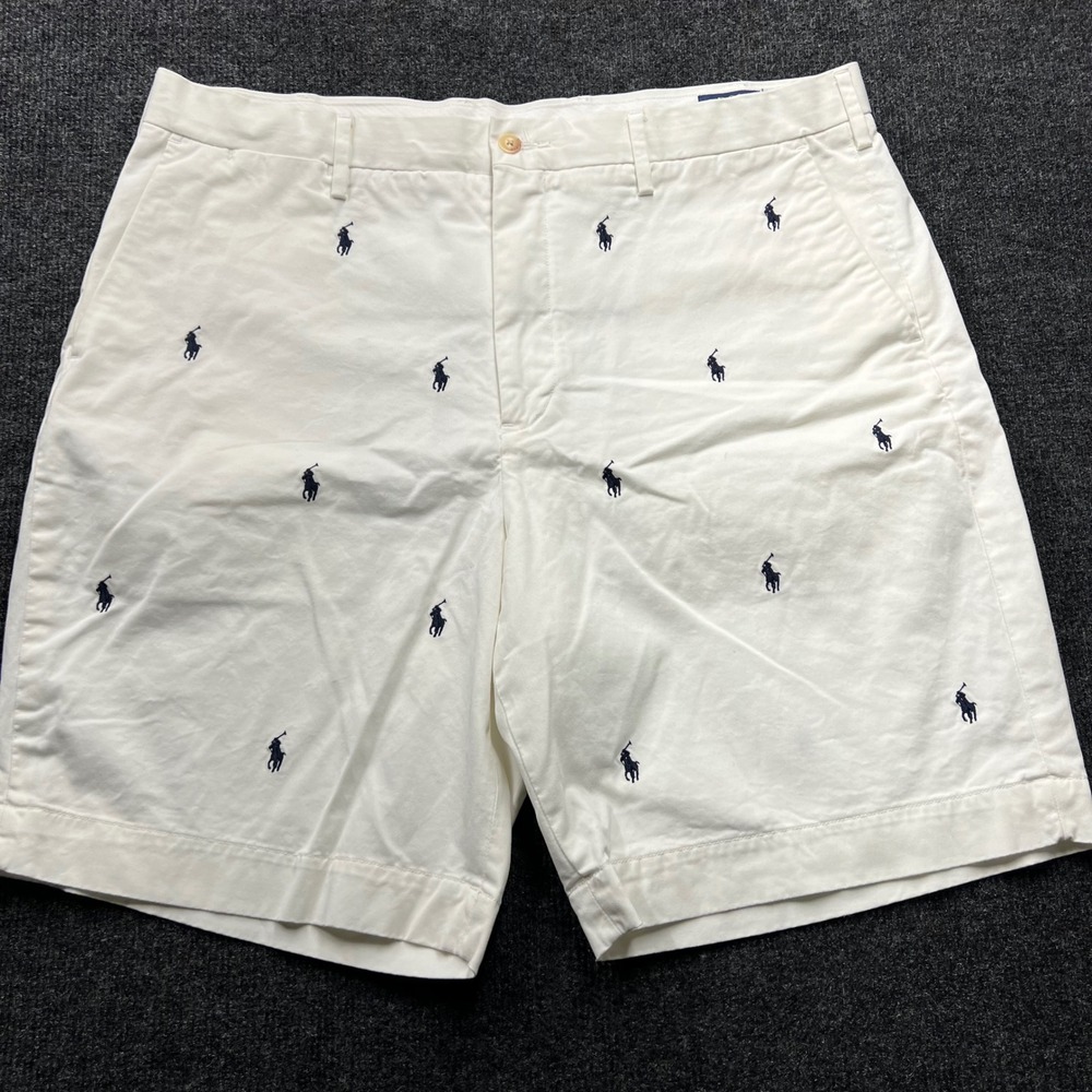 Polo Ralph Lauren Mens 38 White All Over Embroidered Pony Stretch Chino Shorts